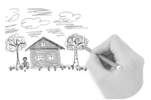 Dibujo infantil de una casa, un árbol y una persona, correspondiente al test HTP (casa-árbol-persona)