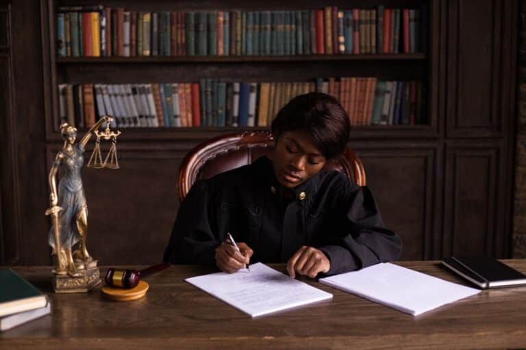 Jueza firmando una resolución en su despacho, rodeada de libros de derecho