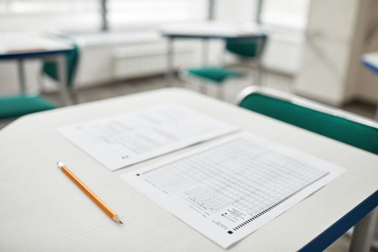 Hoja de test psicológico con grilla de respuestas y lápiz sobre un escritorio de examen